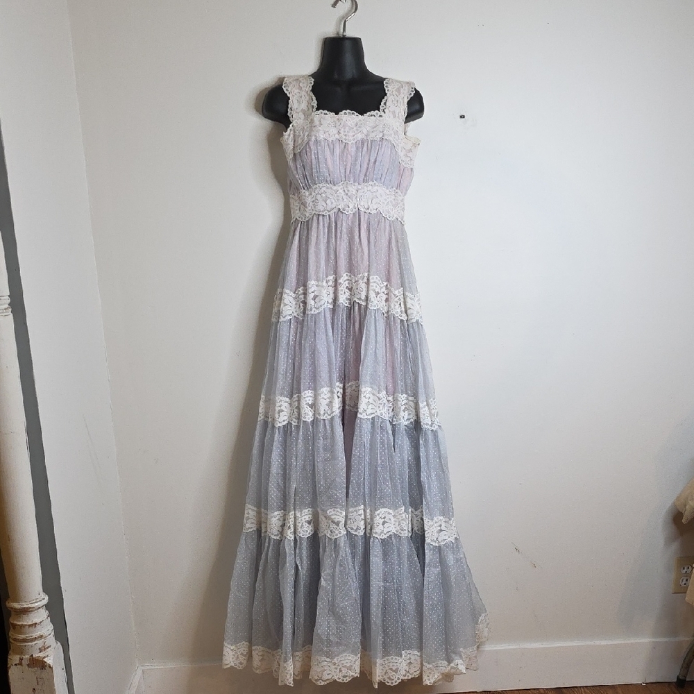 Elegant Lace Trimmed Maxi Dress VINTAGE, PROM , HIPPIE BOHO